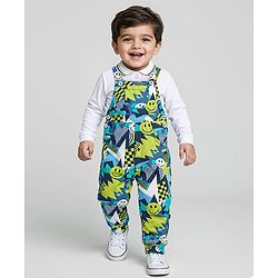 Babyhug Single Jersey Knit Dungaree and Full Sleeves Solid Color T-Shirt Set - Green Blue & White