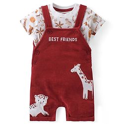 Babyhug Single Jersey Knit Half Sleeves T-Shirt with Animals Patch Dungaree - Maroon & White