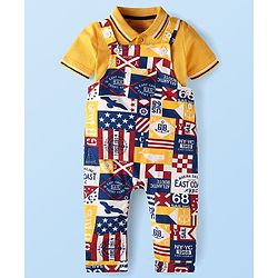 Babyhug Single Jersey Knit Half Sleeves Solid T-Shirt & Dungaree Style Romper with Flags  Print - Yellow & Blue
