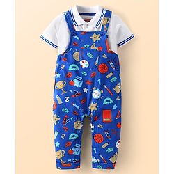 Babyhug Single Jersey Knit Printed Dungaree & Half Sleeves Polo T-Shirt - White & Blue