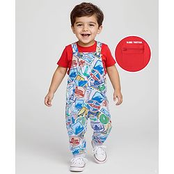 Babyhug Single Jersey Knit Half Sleeves Solid T-Shirt & Stamp Printed Dungaree - Red