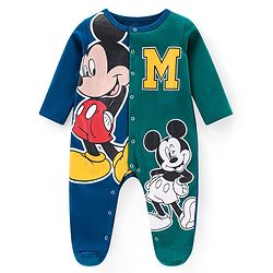 Babyhug Disney Interlock Knit Full Sleeves Sleepsuit With Mickey Mouse Graphic - Navy Blue & Green