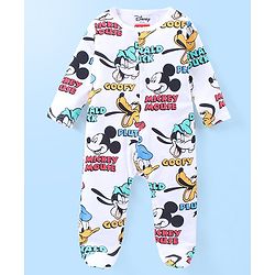 Babyhug Disney Interlock Knit Full Sleeves Sleep Suit with Mickey Mouse and Friends Print- Light Blue