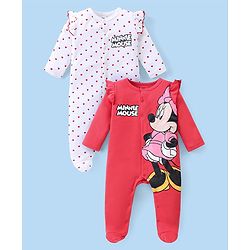 Babyhug Disney Interlock Full Sleeves Frill Detailed Sleep Suits With Minnie Mouse Graphics Pack Of 2 - Red & White