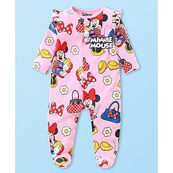Babyhug Disney Interlock Knit Full Sleeves Sleepsuit With Minnie Mouse Graphic & Frill Detailing - Pink