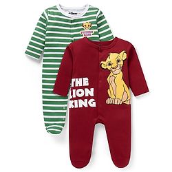 Babyhug Disney Interlock Knit Full Sleeves Sleep Suits With Stripes & Lion King Graphics Pack Of 2 - Maroon & Green