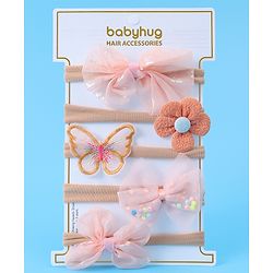 Babyhug Bow Butterfly & Flower Applique Headbands Pack of 5 - Peach