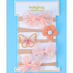 Babyhug Bow Butterfly & Flower Applique Headbands Pack of 5 - Peach