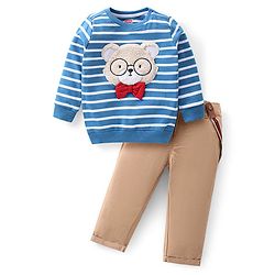 Babyhug Cotton Knit Full Sleeves Striped T-Shirt & Woven Lounge Pants Set With Teddy Applique & Suspender - Blue & Brown