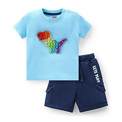 Babyhug Single Jersey Knit Half Sleeves T-Shirt & Shorts Set with Dino Pop It Applique - Blue