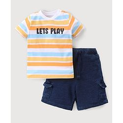 Babyhug Single Jersey Knit Half Sleeves Striped T-Shirt & Shorts Set - Navy Blue