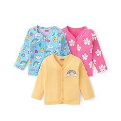Babyhug 100% Interlock Cotton Knit Full Sleeves Front Open Antibacterial Vests with Rainbow & Floral Print Pack of 3 - Yellow Pink & Blue