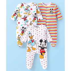 Babyhug Dinsey Interlock Knit Full Sleeves Sleep Suits With Mickey Mouse & Donald Duck Graphics Pack of 3 - White & Red