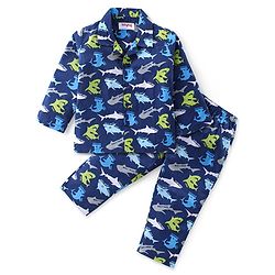 Babyhug Cotton Woven Full Sleeves Night Suit With Sharks Print - Navy
