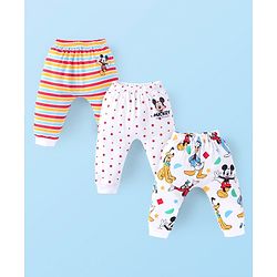 Babyhug Disney Interlock Knit Full Length Diaper Leggings With Mickey Mouse & Friends Graphics Pack Of 3 - White & Red