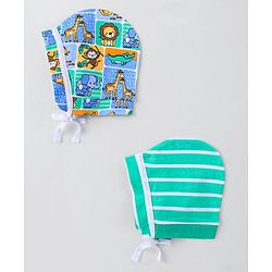 Babyhug 100% Cotton Knit Striped & Monkey Printed Bonnet Bonnet Caps Pack of 2 - Multicolor