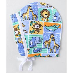 Babyhug 100% Cotton Knit Striped & Monkey Printed Bonnet Bonnet Caps Pack of 2 - Multicolor