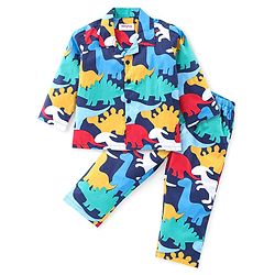 Babyhug Cotton Woven Front Open Full Sleeves Night Suit with Dino Print - Blue