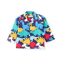 Babyhug Cotton Woven Front Open Full Sleeves Night Suit with Dino Print - Blue