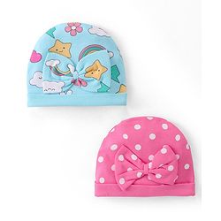 Babyhug 100% Cotton Interlock Knit Printed Caps With Bow Applique Pack of 2 - Pink & Blue
