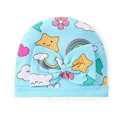 Babyhug 100% Cotton Interlock Knit Printed Caps With Bow Applique Pack of 2 - Pink & Blue