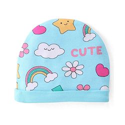 Babyhug 100% Cotton Interlock Knit Printed Caps With Bow Applique Pack of 2 - Pink & Blue