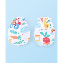 Babyhug 100% Cotton Knit Mittens & Booties Set with Duck Print - White