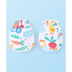 Babyhug 100% Cotton Knit Mittens & Booties Set with Duck Print - White