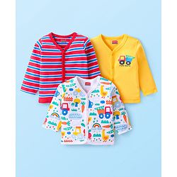 Babyhug 100% Cotton Full Sleeves Front Open Vests Vehicle Print Pack of 3 - Red White & Yellow