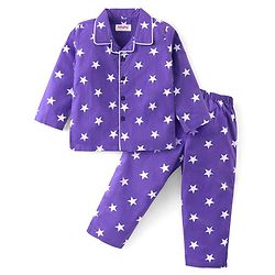 Babyhug Cotton Woven Full Sleeves Front Open Night Suit With Stars Print - Purple