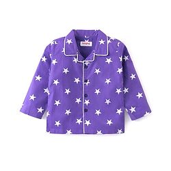Babyhug Cotton Woven Full Sleeves Front Open Night Suit With Stars Print - Purple