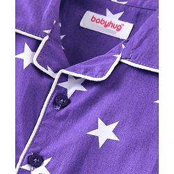 Babyhug Cotton Woven Full Sleeves Front Open Night Suit With Stars Print - Purple
