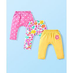 Babyhug Interlock Knit Full Length Diaper Leggings With Floral & Polka Dots Print Pack Of 3 - Pink & Yellow