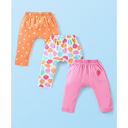Babyhug Interlock Knit Full Length Diaper Leggings With Strawberries & Polka Dots Print Pack Of 3 - Pink Off White & Orange