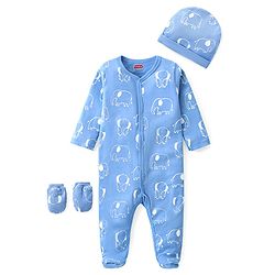 Babyhug Cotton Knit Full Sleeves Footed Sleep Suit with Cap & Mittens Elephant Print - Blue