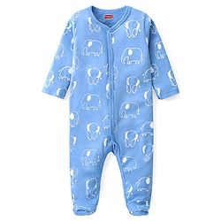 Babyhug Cotton Knit Full Sleeves Footed Sleep Suit with Cap & Mittens Elephant Print - Blue
