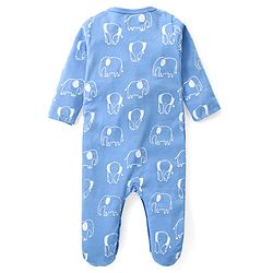 Babyhug Cotton Knit Full Sleeves Footed Sleep Suit with Cap & Mittens Elephant Print - Blue