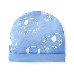 Babyhug Cotton Knit Full Sleeves Footed Sleep Suit with Cap & Mittens Elephant Print - Blue
