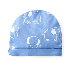 Babyhug Cotton Knit Full Sleeves Footed Sleep Suit with Cap & Mittens Elephant Print - Blue