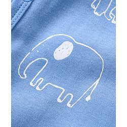 Babyhug Cotton Knit Full Sleeves Footed Sleep Suit with Cap & Mittens Elephant Print - Blue