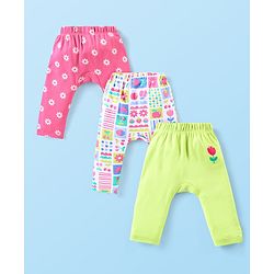 Babyhug Interlock Full Length Comfort Fit Diaper Leggings Floral Print Pack of 3 - Dark Pink White & Light Green