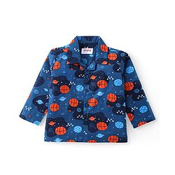 Babyhug Cotton Woven Front Open Full Sleeves Night Suit with Space Theme Print- Navy Blue