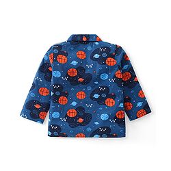 Babyhug Cotton Woven Front Open Full Sleeves Night Suit with Space Theme Print- Navy Blue