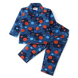Babyhug Cotton Woven Front Open Full Sleeves Night Suit with Space Theme Print- Navy Blue