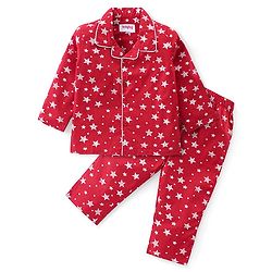 Babyhug Cotton Woven Front Open Full Sleeves Night Suit with Stars Print-Red