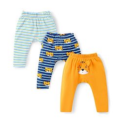 Babyhug Interlock Cotton Knit Full Length Striped Diaper Leggings With Tiger Print Pack of 3 - Blue & Yellow
