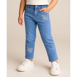Babyhug Woven Full Length Washed Denim Jeans With Stretch & Floral Embroidery - Blue