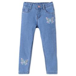 Babyhug Woven Full Length Washed Denim Jeans With Stretch & Floral Embroidery - Blue