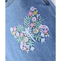 Babyhug Woven Full Length Washed Denim Jeans With Stretch & Floral Embroidery - Blue
