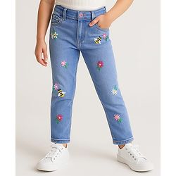 Babyhug Full Length Washed Denim Jeans With Floral & Honey Bee Embroidery & Stretch - Blue